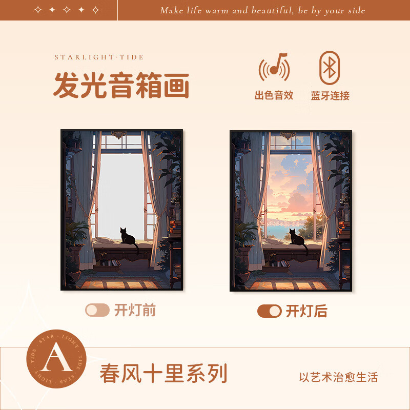 优梵艺术Ins风灯光音响画床头桌面夜灯摆件铝合金画框小猫灯光音 春风十里系列A款 18*24USB头