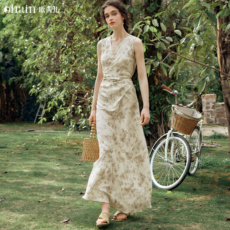 Olrain欧芮儿法式杏色连衣裙女夏季新款收腰显瘦碎花中长裙 杏色 S