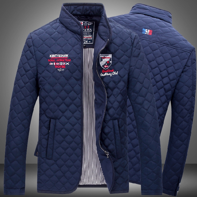 意大利鲨鱼刺绣外套男秋冬厚款修身大码夹克男加棉保暖棉·服男 蓝色