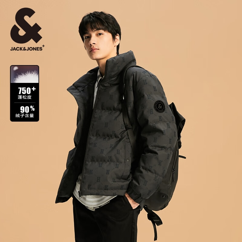 杰克·琼斯（JACK&amp;JONES）25年冬季新款男装羽绒服男士潮流老花满印短款保暖立领鸭绒服外套 E44黑砂色 M 175