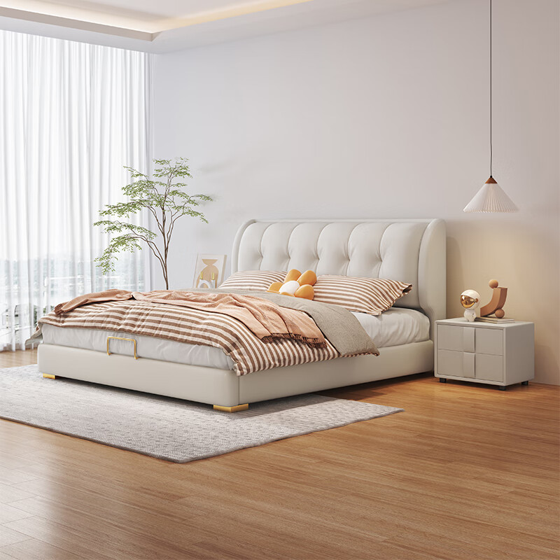 生态宜家轻奢布艺床家用奶油风泡芙床简约现代软包科技布床1米8双人床