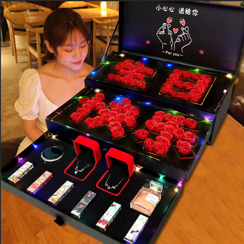 kourt香水口红玫瑰皂花礼盒七夕情人节生日礼物女生送女友老婆创意礼品 生日快乐+口红+香水+手链项链 925银
