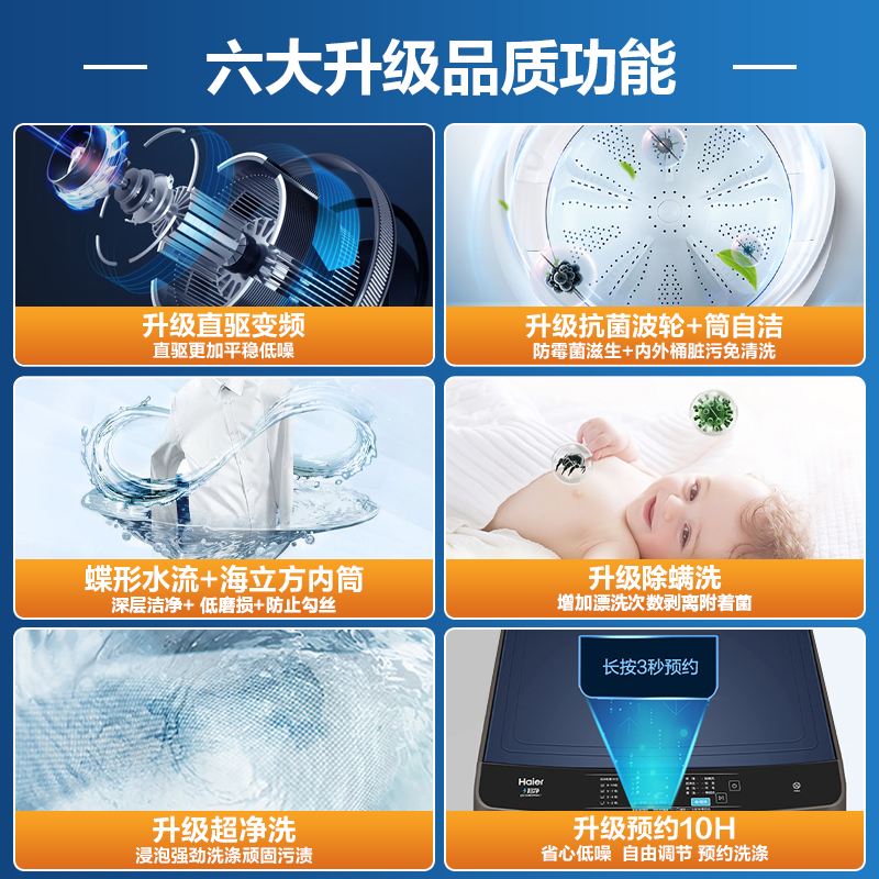 海尔（Haier) 波轮洗衣机全自动家电  以旧换新 10KG直驱变频 蝶型水流 除螨洗  租房神器EB100B20Mate1