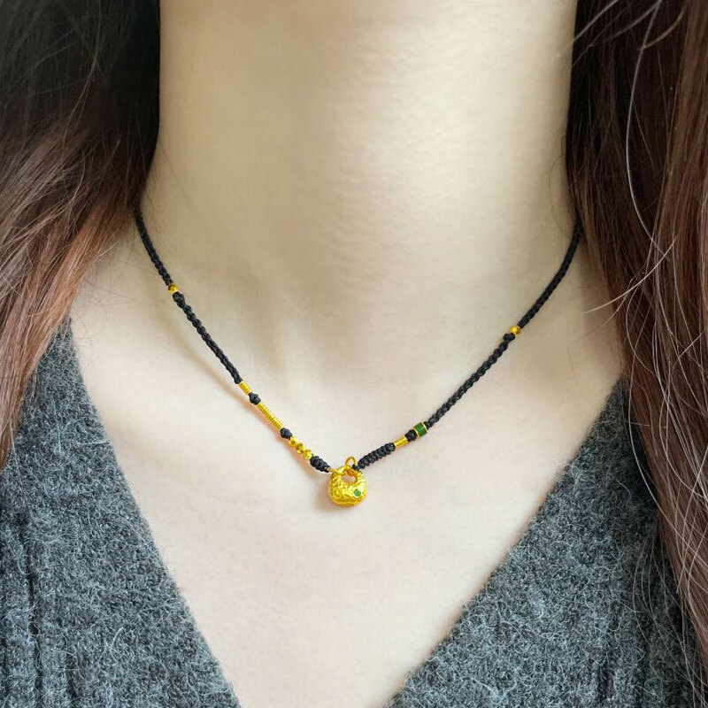 易昇黄金小胖福吊坠女999足金小金坨转运珠编织项链锁骨链生日送女友