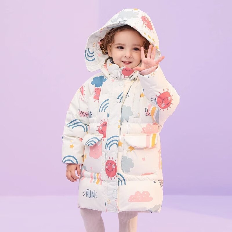 康博女童羽绒服中长款2024新款洋气韩版加厚冬季儿童女孩宝宝保暖外套 米白色 130