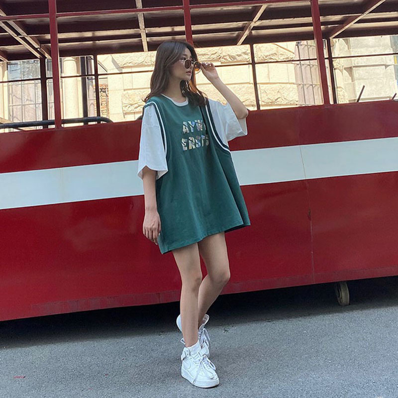 吉兴久篮球服假两件假两件短袖t恤女装200斤夏季韩版宽松中长款上衣