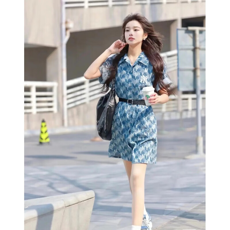 MLB新品韩国女款几何老花牛仔连衣裙刺绣宽松休闲版显瘦 蓝色满印牛仔裙（拍下后3-5天发货） XS