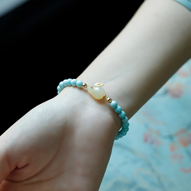 永赫天然原矿高瓷蓝绿松石手链天空之境和田玉月兔手串秋冬送女友礼物