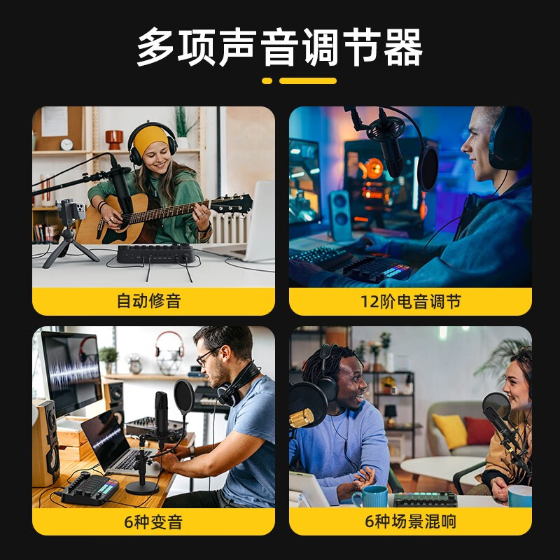 七语 SE2声卡直播设备套装手机电脑录音直播变声器麦克风主播抖音全民K歌全套唱歌话筒 【标准版黑色】SE2单声卡套餐