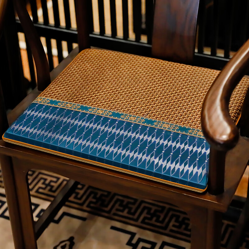 ROBTM新中式椅垫夏季透气凉垫茶椅座垫子实木圈椅餐椅藤竹席太师椅 海青色（菱波拼接藤椅垫） 45*38cm含3厘米海绵