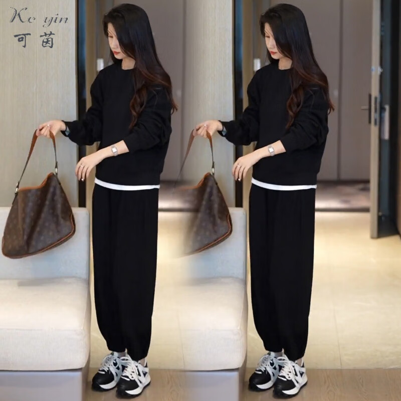 可茵（Keyin）卫衣女运动套装女2026年春秋新款圆领宽松减龄上衣高腰休闲裤子女 黑色卫衣+裤子 XL