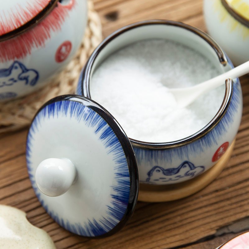 和风四季釉下彩调味罐复古盐罐油罐厨房调料罐调料盒陶瓷辣椒罐猪油罐炖盅 黄色招财猫大号调味罐550ml配勺