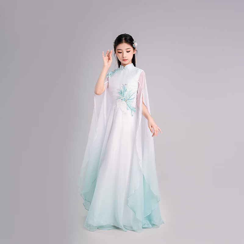 悸囈女童古箏演出服夏季新款中式古風(fēng)兒童旗袍領(lǐng)樂(lè)器演奏考級(jí)禮服12-1 漸變綠 150cm