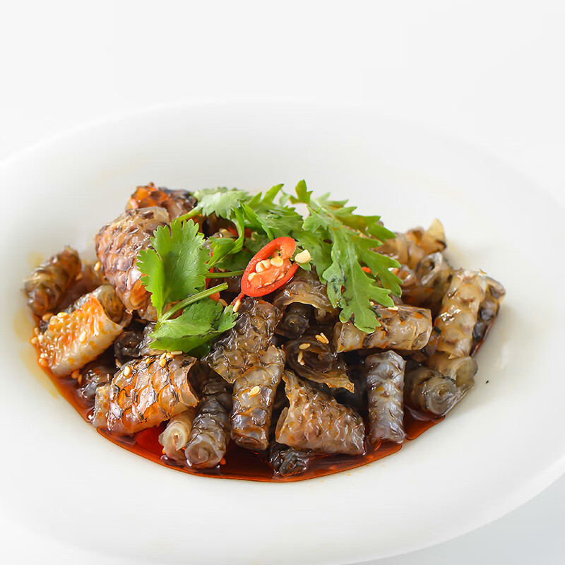 香辣鱼q鱼皮脆泡椒鱼皮海鲜特产 凉拌辣鱼皮 红油鱼皮卷(220g*5包装)