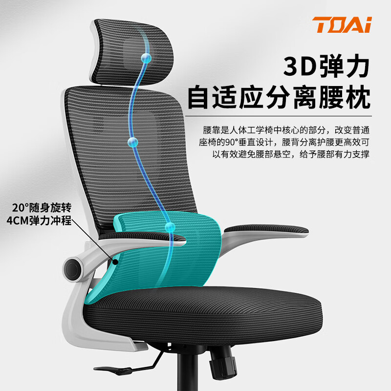 TOAI 拓艾D1人体工学椅电脑椅 电竞椅 办公椅子人工力学椅学生椅凳子 D1翻转扶手+多功能头枕-黑框黑网