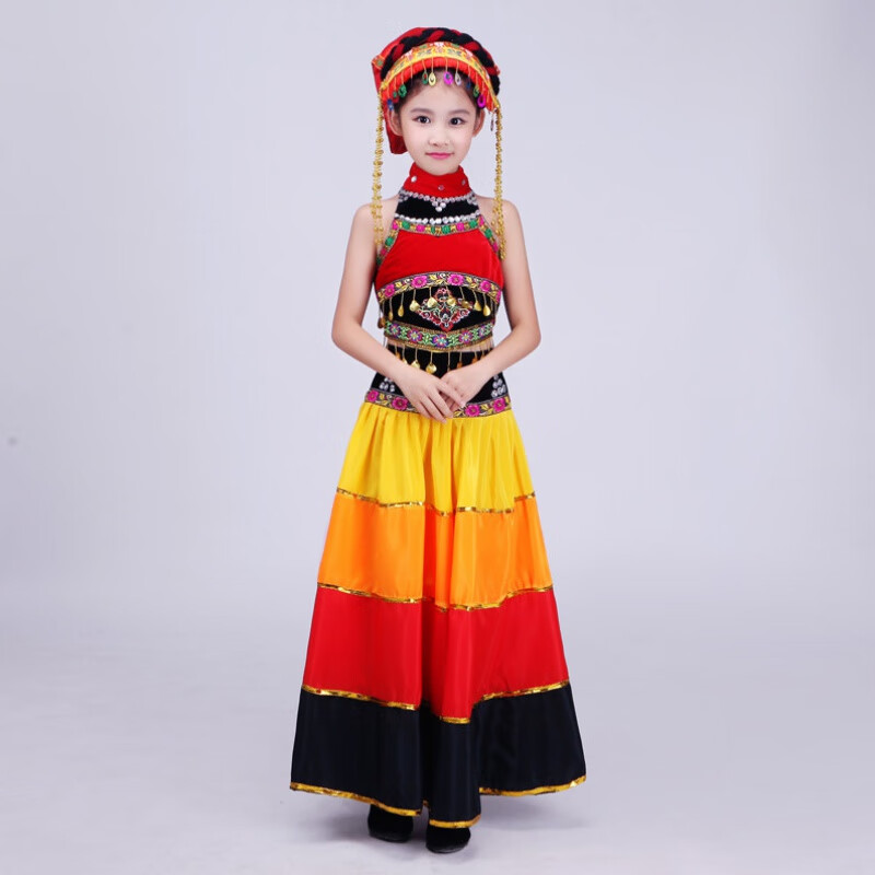 席佰彝族服装男儿童 六一彝族舞蹈服彝族大摆裙女火把节舞蹈大摆裙合