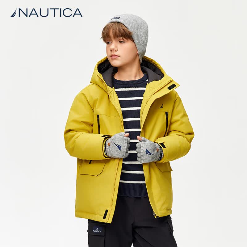 NAUTICA诺帝卡童装男女童户外冲锋滑雪三防羽绒服儿童冬季户外保暖外套 黄绿 165