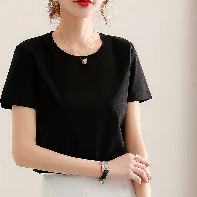 女2023夏季新款纯色纯棉短袖上衣精梳棉体恤内搭打底衫 黑色短袖t恤