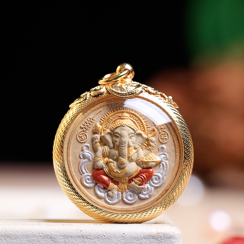 默奢泰国佛牌祥云象神鲁士头鎏金壳真品正牌吊坠 毛衣链 三挂 小模白