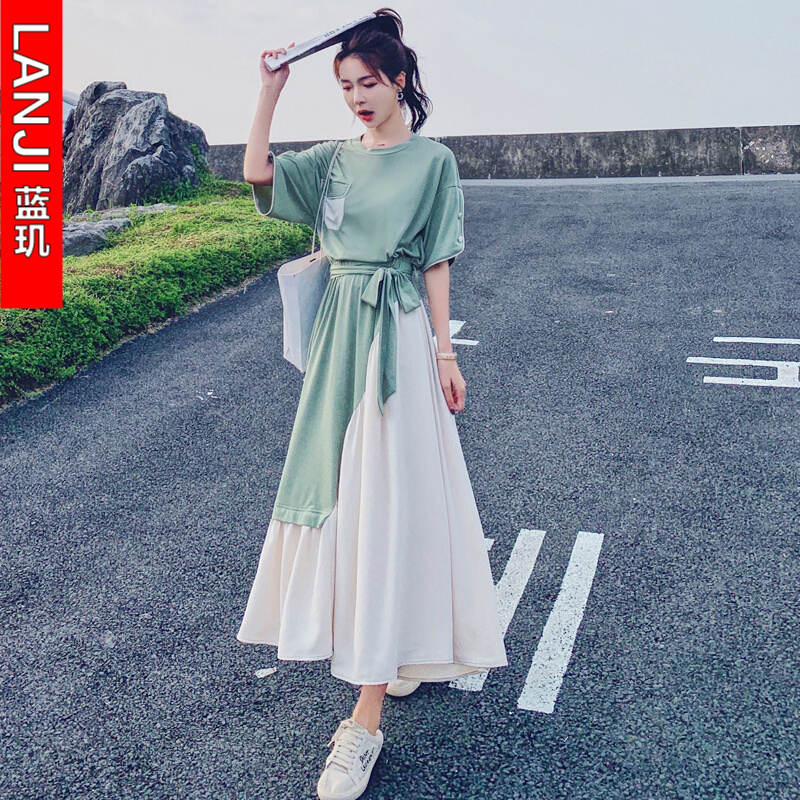 蓝玑短袖连衣裙新品女装2021年夏季新款韩版中长款时尚宽松显瘦小个子沙滩裙子 白+绿 S