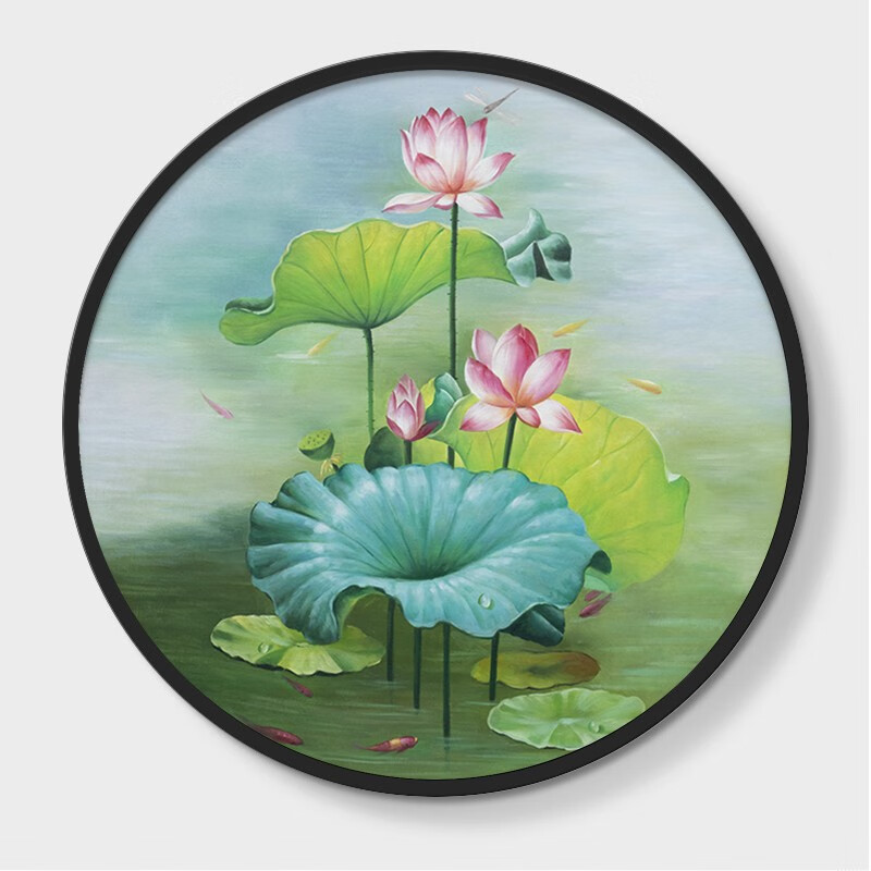 米聆新中式客厅圆形挂画纯手绘玄关油画荷花九鱼图装饰画风水招财壁画