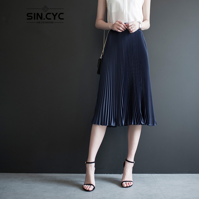 SIN.CYC 设计师品牌女装 缎面雪纺半身裙百褶a字裙女2021春夏季新款高腰大码中长款长裙 藏青 均码