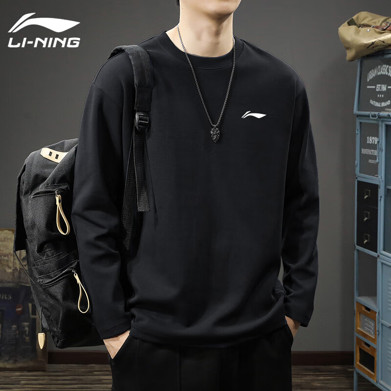 李宁长袖t恤男士春秋季新款圆领套头棉质卫衣休闲宽松透气运动服上衣 黑色-小标【春秋款】 L /175(125-145斤)