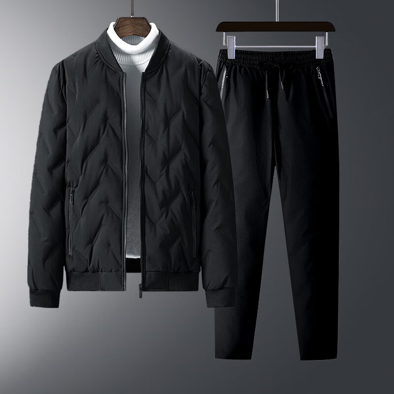 冬季轻薄鸭绒套装保暖防寒服冬季羽绒裤子2023新款外套 平脚套装黑色