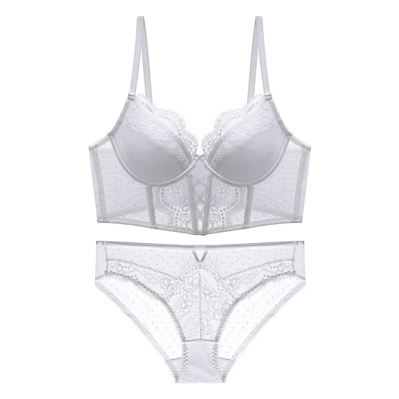 透纱蕾丝长款胸衣薄杯软钢圈鱼骨塑身聚拢收副乳文胸套装 白色套装 s