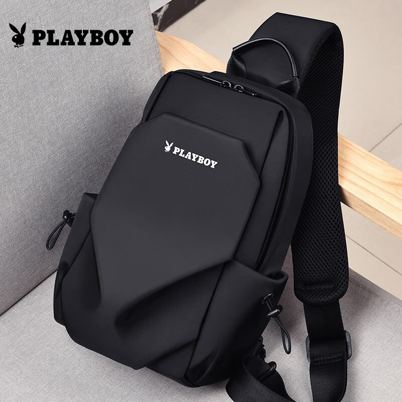 花花公子胸包男士单肩包大容量斜挎包防水耐磨便携手机包挎包 典雅黑