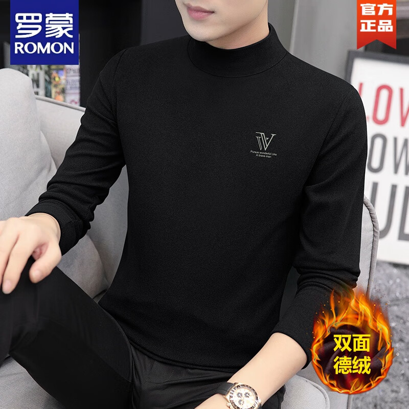 罗蒙（ROMON）加绒加厚男士半高领长袖T恤中领打底衫秋衣内衣保暖德绒卫衣上衣 升级款：黑色【双面保暖德绒】 M 适合【85斤-110斤】