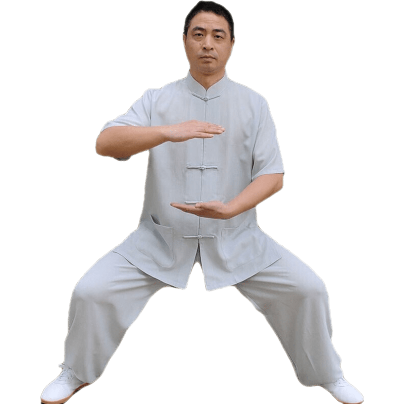 夏季短袖太極服棉麻武術(shù)練功服男功夫服亞麻中袖太極拳服表演服裝 淺灰色 上衣+褲子一套(上衣有口袋) XL