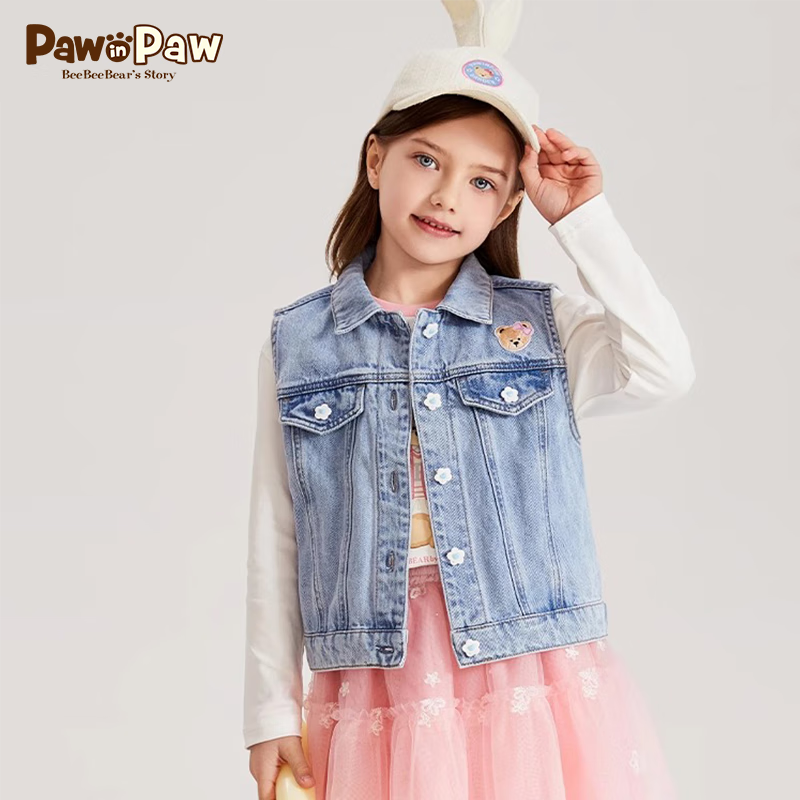 PawinPaw卡通小熊童裝2024春季女童刺繡卡通印花翻領(lǐng)無袖牛仔馬甲 Ivory象牙色/39 140 cm