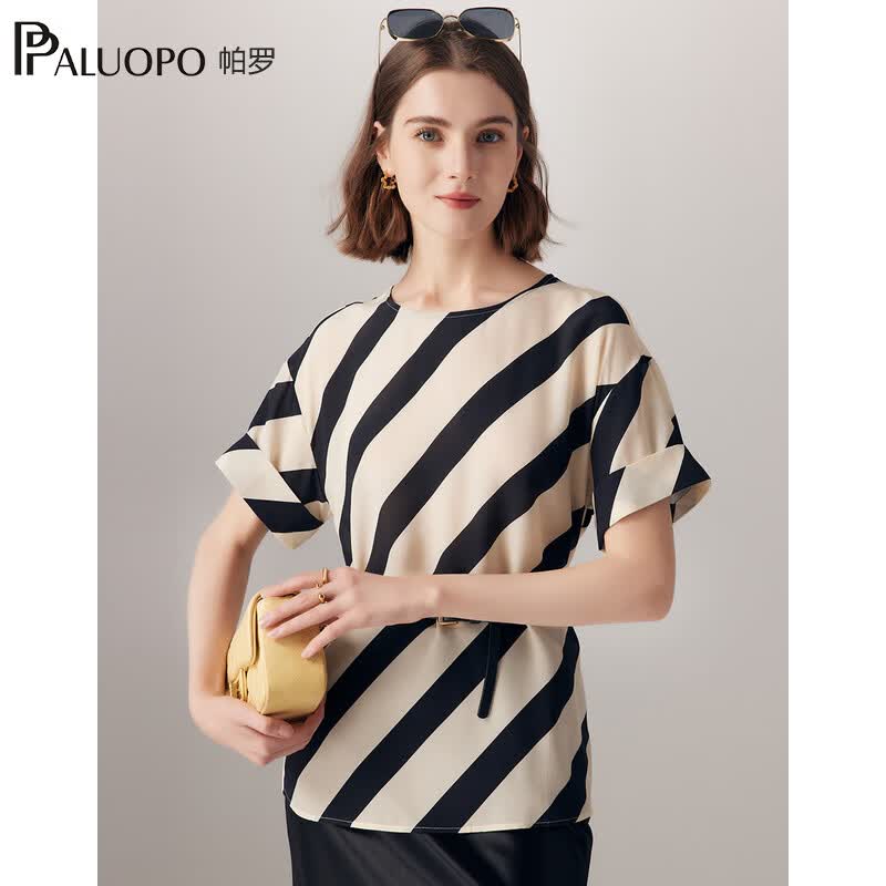 帕罗(PALUOPO)14姆米双绉真丝短袖t恤女条纹印花圆领100%桑蚕丝森休闲t体恤上衣 米黑 2XL (175/96A)