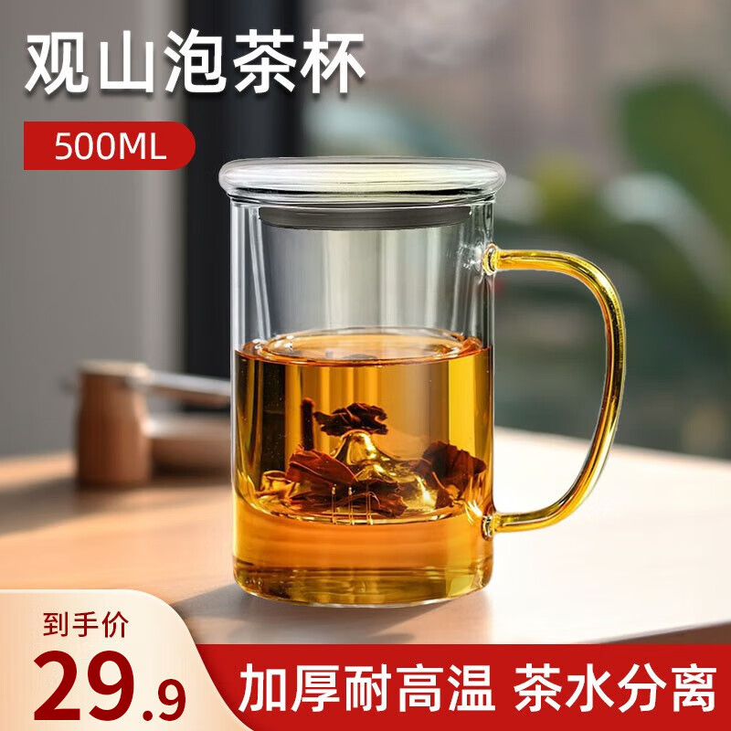天喜(TIANXI)觀山茶水分離杯玻璃高顏值辦公室泡茶杯子耐高溫過濾喝水茶道杯 【透明色】玻璃把手-500ml