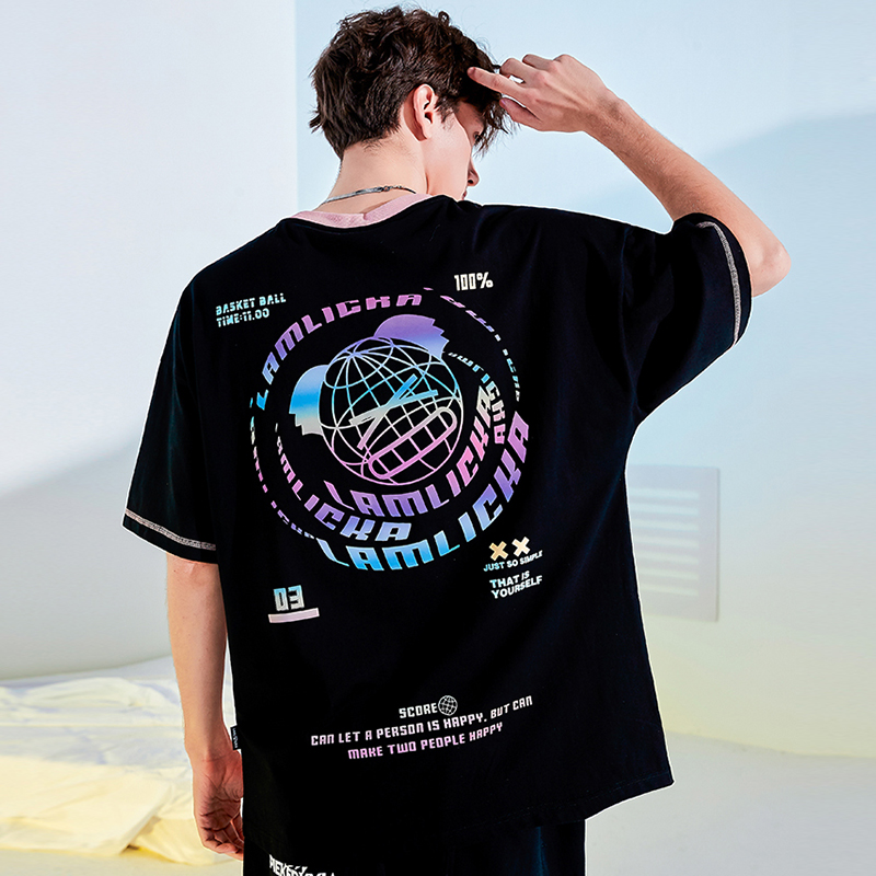 天龙致尊denon supreme短袖t恤男女潮牌2021夏季oversize宽松大码渐变