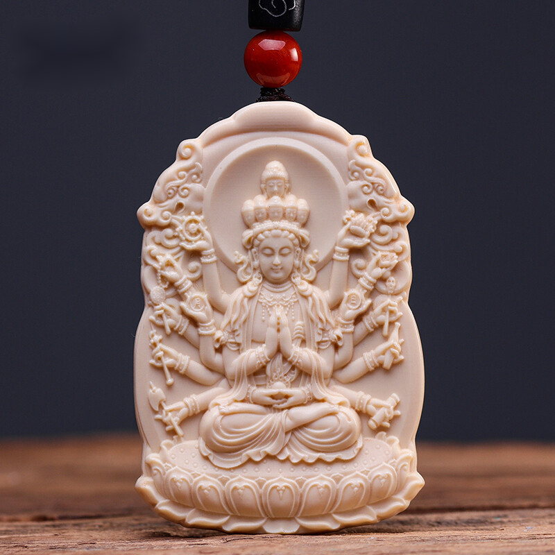 uhfq 猛犸象牙雕千手观音搭配108颗佛珠生肖鼠本命佛转运挂件送礼