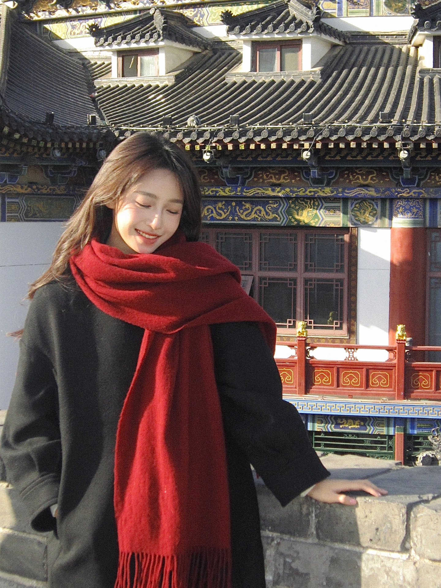 慕琼（MUQIONG）酒红色围巾女冬季情侣2024新年本命年礼物针织高级感纯色百搭围脖 酒红