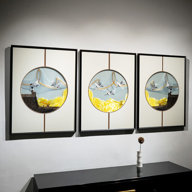 福瑞新中式手工刺绣装饰画苏绣成品挂画客厅沙发三联画实木框黄金满屋