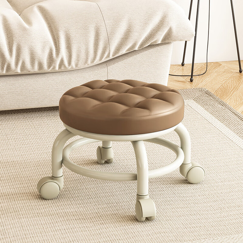 非洲鷹（feizhouying）家用美縫擦地滑輪圓凳移動(dòng)小矮凳萬(wàn)向輪學(xué)步板凳座椅懶人踩腳神器 香檳【面包凳面加厚鐵架】