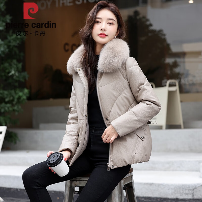 皮爾卡丹海寧真皮羽絨服女短款2025冬季新款綿羊皮狐貍毛皮衣皮草顯瘦外套 米咖色【狐貍毛領(lǐng)】 M【體重90斤_110斤】