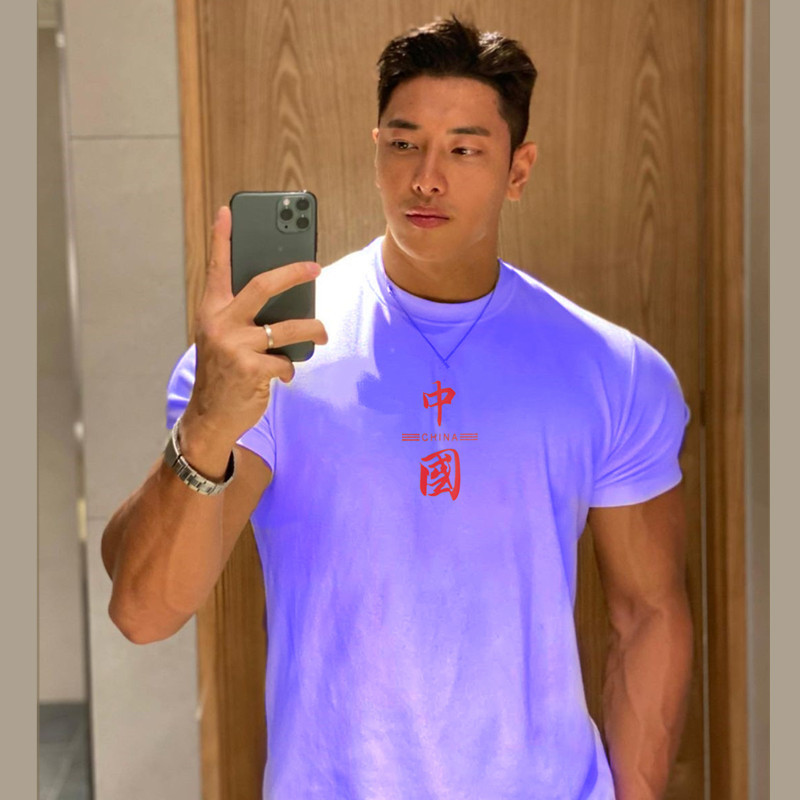 圆领打底衫休闲肌肉健身衣服男士男式透气跑步快干体桖衫 浅紫-中国红