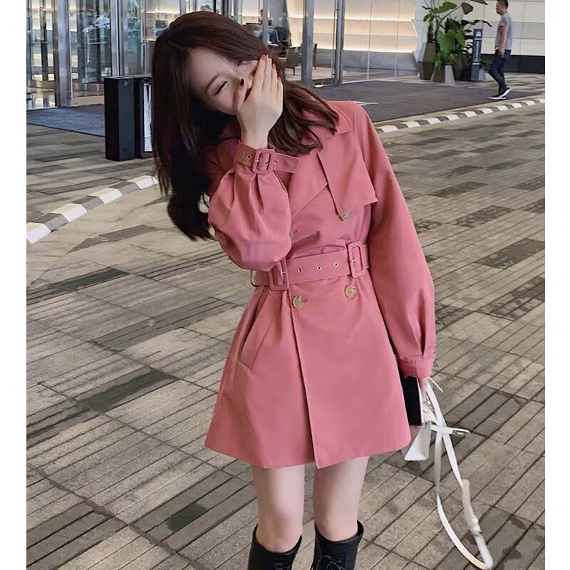自制款 粉色腰带收腰风衣外套女2021秋冬小个子短款收腰显瘦大衣【8月