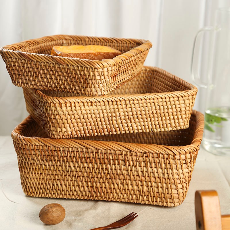 佳亿厨连 藤编干果盘点心盘长方形收纳筐桌面零食整理盒家用储物篮