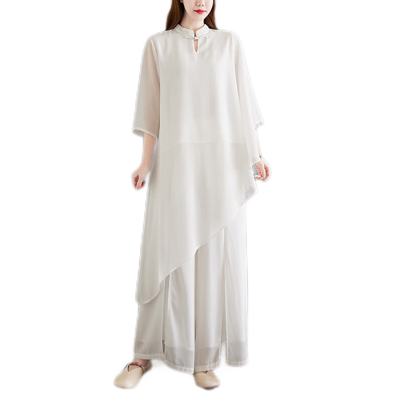 菲奢蘭禪舞舞蹈服裝茶藝服禪意女裝中國風(fēng)佛系仙氣漢服兩件套居士服禪修 [套裝]白色上衣+白色褲子 L
