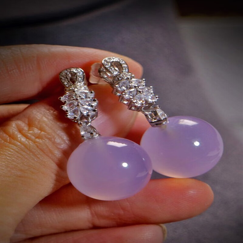 eck原创银镶天然紫罗兰玉髓耳环冰种紫翡翠耳钉圆珠耳饰女