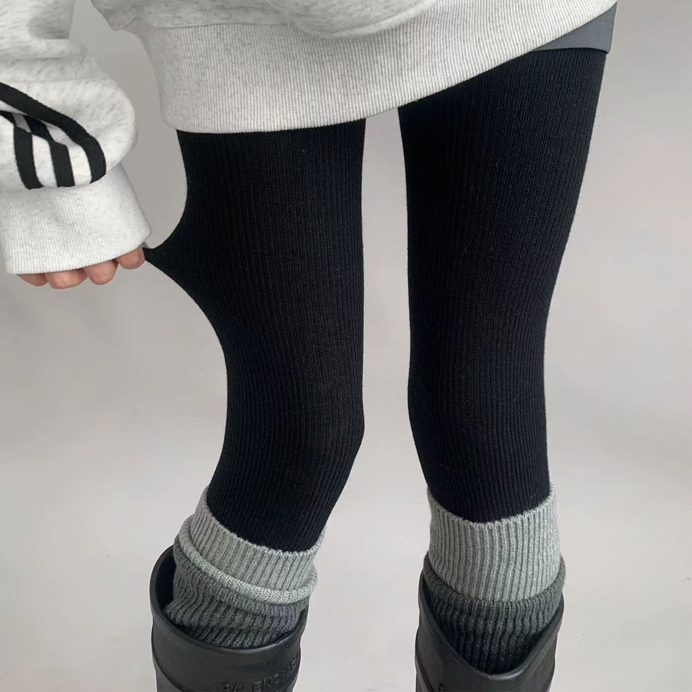 蔓楚打底裤女外穿秋冬光腿神器竖条棉质加绒加厚显瘦腿一体连裤踩脚袜 黑色连脚打底裤袜 230克加绒女 1条