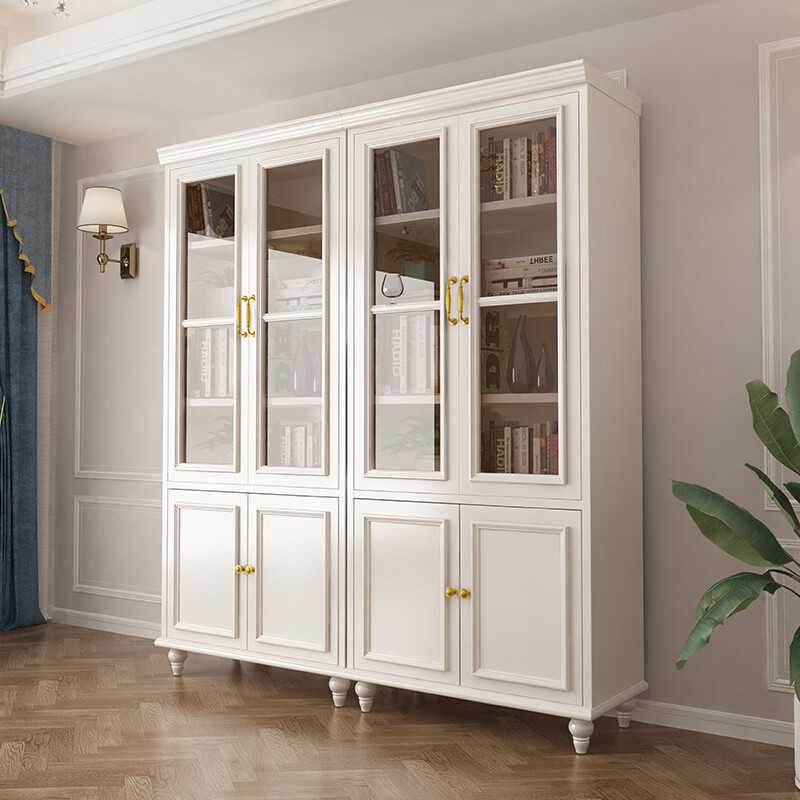 喆友书柜落地一体靠墙轻奢美式实木书柜现代简约白色两三四门书橱书房