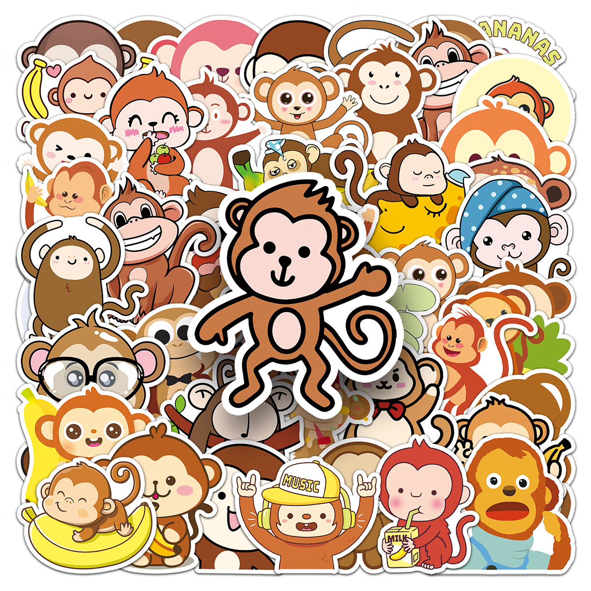 jjyy50张猴子可爱卡通动物贴画 头盔手账咕卡电脑滑板吉他冰箱宿舍
