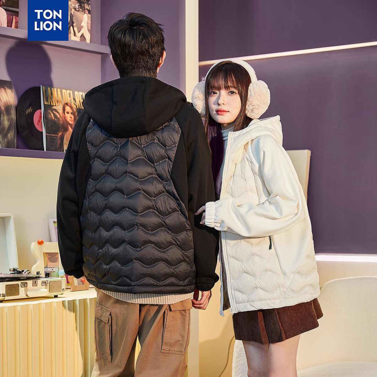 唐狮冬季新款情侣羽绒服轻薄连帽针织拼接外套TB 男款黑色 2XL